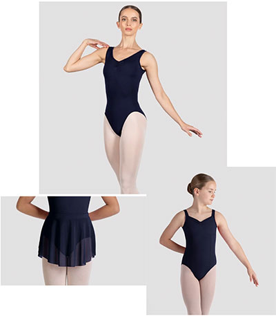 Three female ballet dancers wearing navy blue leotards