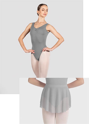 Two female ballet dancers wearing grey leotards